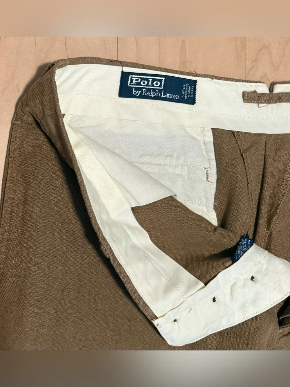 VTG Polo Ralph Lauren 100% Linen Button Fly Officer Pants Tan Brown Men’s 36x30*